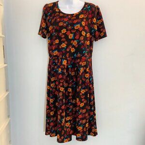 LULAROE Dress Black / Orange XL Scoop Neck Short Sleeve Midi NWOT
